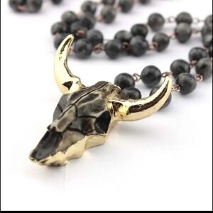 Gold and Black Bull Skull Necklace- 18k Gold Plated